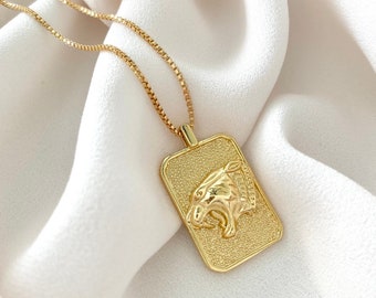 Gold Filled Lioness Pendant Necklace Lion Medallion Necklace Gift for Women Jewelry Boho Necklace Gold Filled Figaro Chain Bohemian