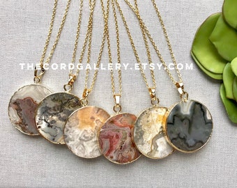 Lace Agate Pendant Necklace 14k Gold Filled Round Mexican Agate Necklace Gold Coin Lace Agate Gemstone Necklace Boho Mexico Agate Stone