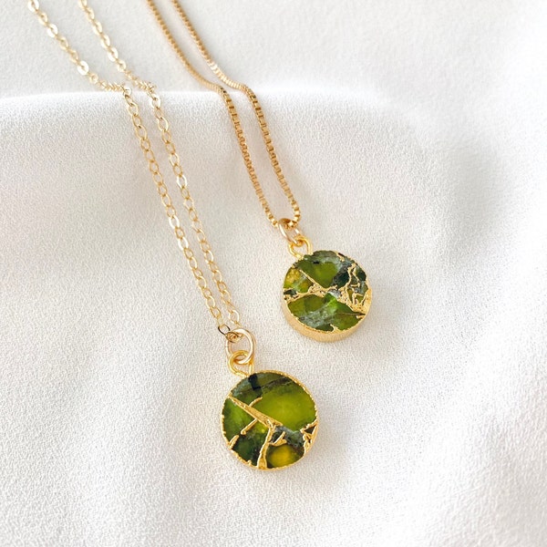 Peridot Necklace Green Peridot Coin Pendant Necklace Green Crystal Medallion Girlfriend Gift August Birthstone Gold Filled Box Chain Gift