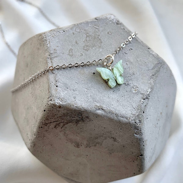 Silver Butterfly Necklace Green Butterfly Pendant Necklace Sage Green Butterfly Charm Minimalist Necklace Meaningful Gift Dainty Butterfly