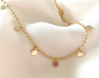Gold Filled Coin Chain Necklace Gold Sequin Dangle Necklace Bead Chain Minimalist Layering Choker Girlfriend Gift Everyday Jewelry Gift Idea