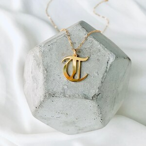 Letter T Necklace Old English Gold Filled Initial T Charm Upper Case Script Gothic Letter Pendant Personalized Birthday Gift Cursive S Charm