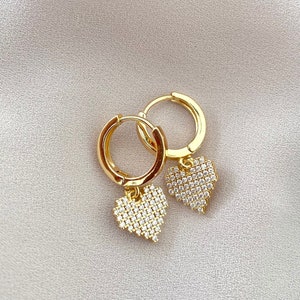 Heart Huggie Earrings Gold Filled Micro Pave Heart Earrings Dainty Hoops CZ Jewelry Pixel Heart Charm Earrings Gift for Women Hearts Dangle