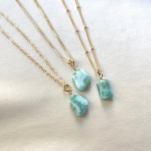 Larimar Necklace Raw Larimar Charm Necklace Gold Filled Chain Small Larimar Gemstone Necklaces 925 Sterling Silver Chain Girlfriend Gift