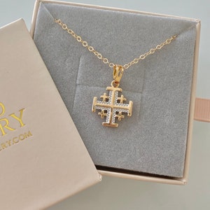 Gold Cross Necklace Gold Filled Cross Pendant Necklace Box Chain Layered Cross Jerusalem Cross Necklace Silver and Gold Cross Medallion Gift