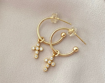 Dainty Gold Filled Cross Earrings Micro Pave Cross Hoops Minimalist Gold Hoop Earrings Cross Dangle Charm 2 in 1 Religious Jewelry Gifts