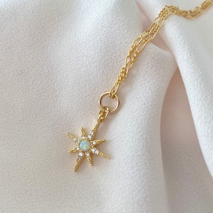 Dainty Opal Necklace Gold Filled Figaro Chain Star Opal Pendant October Birthstone Jewelry Girlfriend Gift Box Chain Layering Necklaces