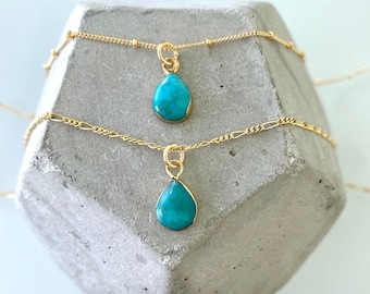 Dainty Turquoise Necklace Teardrop Shaped Gemstone Necklace Small Raw Turquoise Charm December Birthstone Jewelry Gift Idea Gold Fill Chain