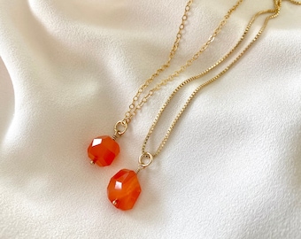 Carnelian Necklace Dainty Carnelian Pendant Geometric Jewelry Orange Crystal Necklace Girlfriend Gift Crystal Charm Gold Filled Box Chain