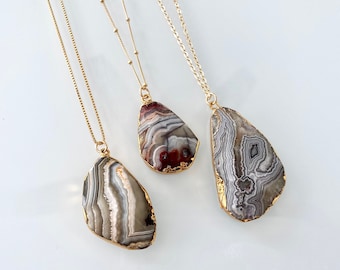 Mexican Lace Agate Pendant Necklace Gold Filled Chain Teardrop Mexican Agate Necklace Chunky Oval Lace Agate Gemstone Pendant Boho Jewelry