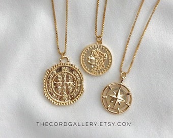Gold Coin Necklace 18k Gold Filled Medallion Necklace Athena Greek Goddess Necklace Boho Gold Cross Medallion North Star Compass Necklace