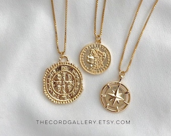 Gold Coin Necklace 18k Gold Filled Medallion Necklace Athena Greek Goddess Necklace Boho Gold Cross Medallion North Star Compass Necklace