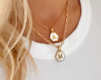 Gold Filled Letter Necklace Personalized Gift Gold Filled Paperclip Chain Hexagon Initial Pendant Pearl Charm Mother of Pearl Jewelry Gifts