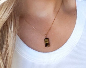 Tiger's Eye Necklace Tigers Eye Gemstone Pendant Necklace Gold Filled Box Chain Tiger Eye Charm Brown Crystal Necklace Bohemian Jewelry Gift