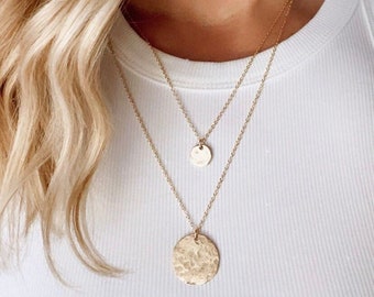 Gold Coin Necklace Hammered Matte Gold Disc Pendant Small Large Rustic Coin Circle Necklace 14k Gold Filled Boho Chic Layering Necklaces
