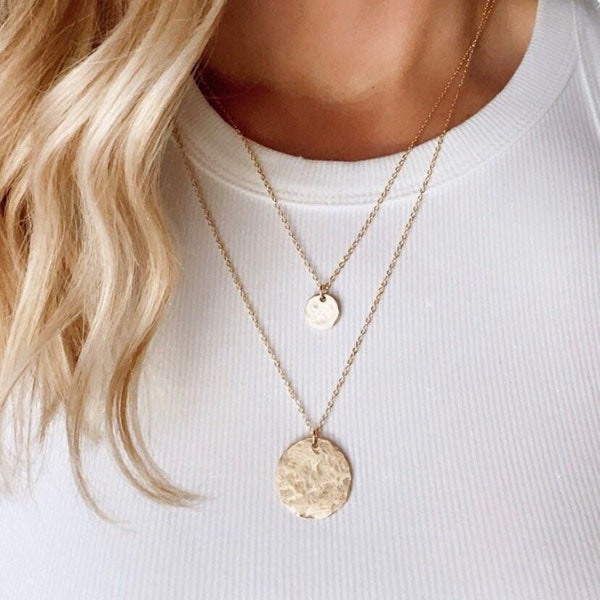 Gold Coin Necklace Hammered Matte Gold Disc Pendant Small Large Rustic Coin Circle Necklace 14k Gold Filled Boho Chic Layering Necklaces