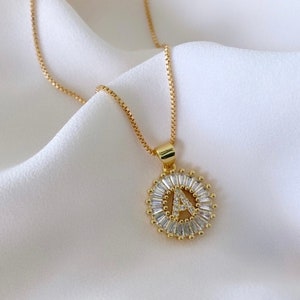 Letter Pendant Necklace CZ Initial Pendant Letter Coin Medallion Necklace Girlfriend Gift Idea Crystal Charm Necklace Name Zirconia Jewelry
