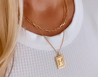 Vintage Inspired Letter Necklace Gold Square Initial Pendant Necklace Square Medallion Letter Charm Personalized Jewelry Paperclip Chain
