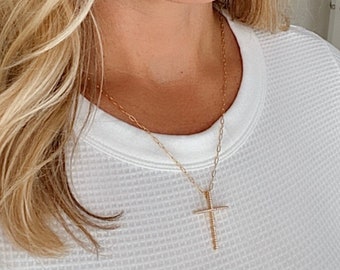 Pave Cross Necklace Cross Pendant Necklace Gold Filled Box Chain Religious Jewelry Skinny Cross Charm Baptism Confirmation Gift Large Cross