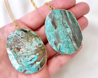 Large Ocean Jasper Pendant Necklace Chunky Aqua Jasper Necklace Gold Filled Chain Huge Jasper Necklace Bohemian Turquoise Jasper Pendant