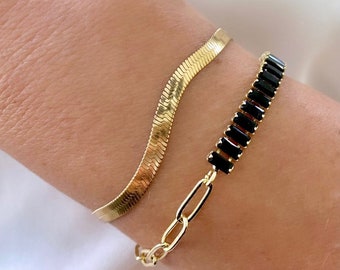 Black Onyx Bracelet Gold Filled Paperclip Bracelet Half Baguette Stones Edgy Jewelry Duo Crystal Bracelet Girlfriend Gift Modern Bracelet