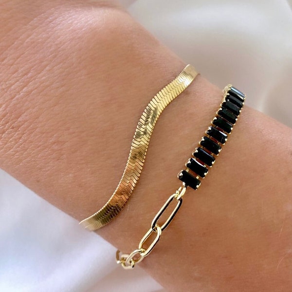 Black Onyx Bracelet Gold Filled Paperclip Bracelet Half Baguette Stones Edgy Jewelry Duo Crystal Bracelet Girlfriend Gift Modern Bracelet