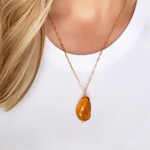 Chunky Citrine Necklace Faceted Citrine Pendant Gold Filled Paperclip Chain Gemstone Jewelry November Birthstone Necklace Gift Large Charm