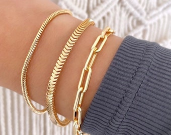 Gold Filled Chunky Paperclip Chain Bracelet Snake Bracelet Chevron Chain Gold Fill Stacking Bracelets Jewelry Gifts Minimalist Rope Chain