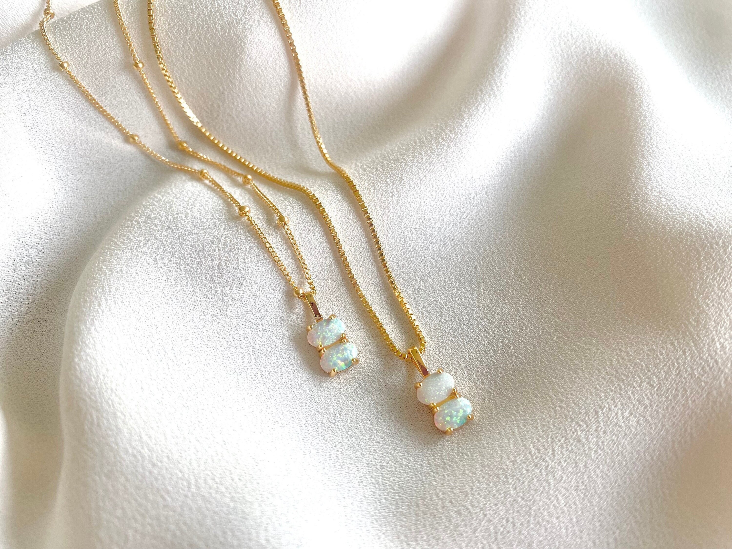 Dainty Opal Necklace October Birthstone Jewelry Gold Filled Genuine Opal Pendant Double Opal Stones Genuine Opal Crystal Necklaces Gift Idea