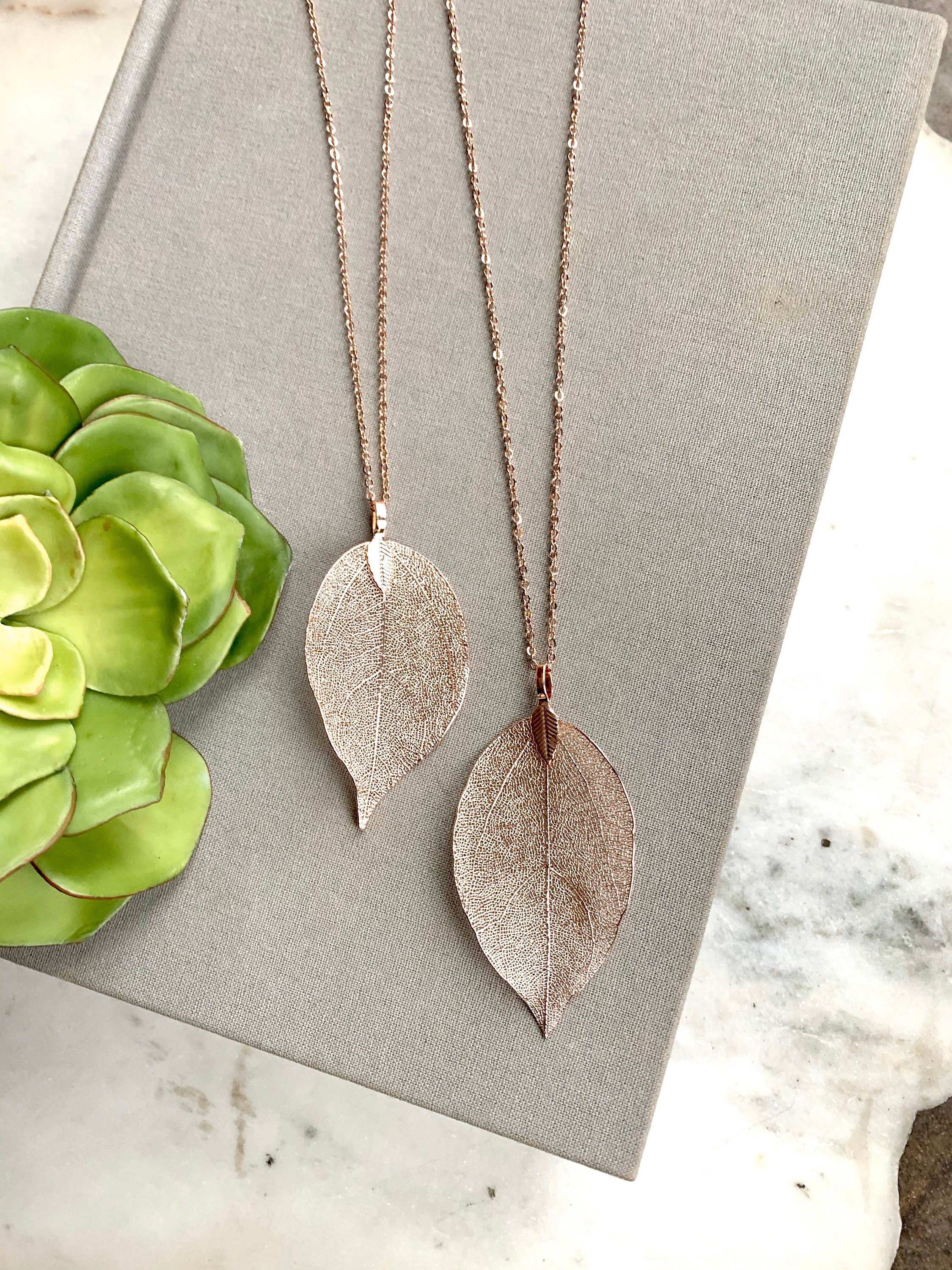 Rose Gold Leaf Necklace Long Layering Necklace Rose Gold Leaf Etsy