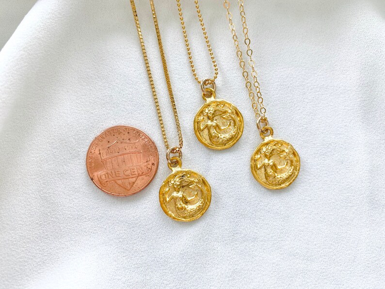 Dainty Mermaid Necklace Gold Mermaid Pendant Necklace Gold Filled Box Chain Mermaid Medallion Goddess Necklace Beachy Jewelry Layering Chain