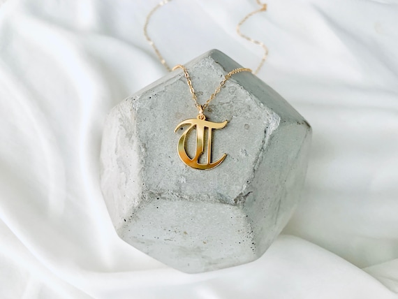 Letter T Necklace Old English Gold Filled Initial T Charm Upper