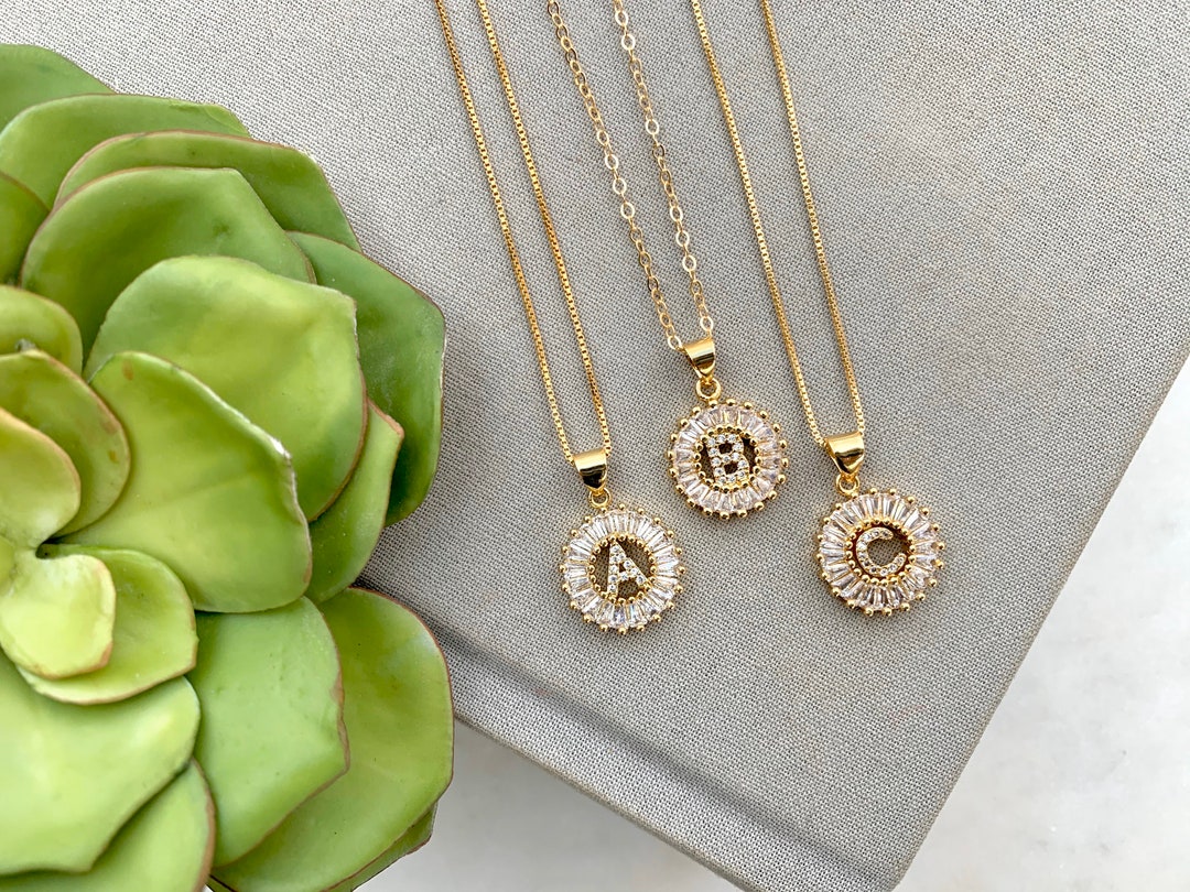 Personalized Necklace Gold Letter Charm Necklace Rhinestone Initial Necklace Gold Filled Cubic