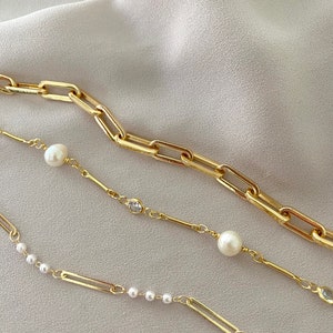 Gold Filled Paperclip Bracelet Pearl and Crystal Link Bracelet Gold Fill Bar Chain Dainty Stacking Bracelets Minimalist Jewelry Gift Idea image 2