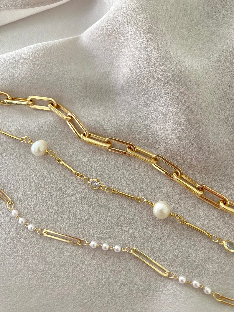 Gold Filled Paperclip Bracelet Pearl and Crystal Link Bracelet Gold Fill Bar Chain Dainty Stacking Bracelets Minimalist Jewelry Gift Idea image 2