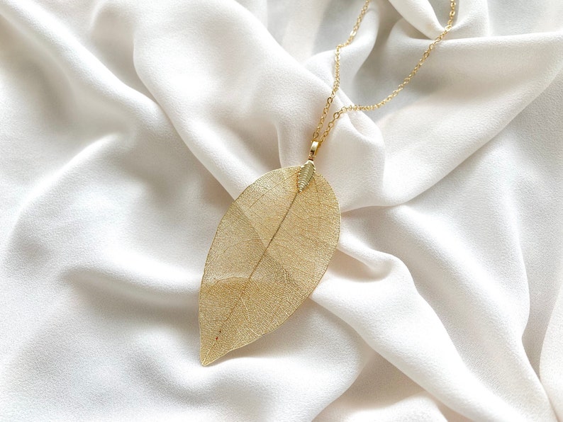 Gold Leaf Necklace Long 14k Gold Filled Necklace Long Layering Necklace Large Gold Leaf Pendant Necklace Minimalist Jewelry Boho Necklace image 1