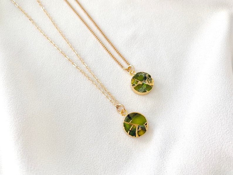 Peridot Necklace Green Peridot Coin Pendant Necklace Green Crystal Medallion Girlfriend Gift August Birthstone Gold Filled Box Chain Gift image 5