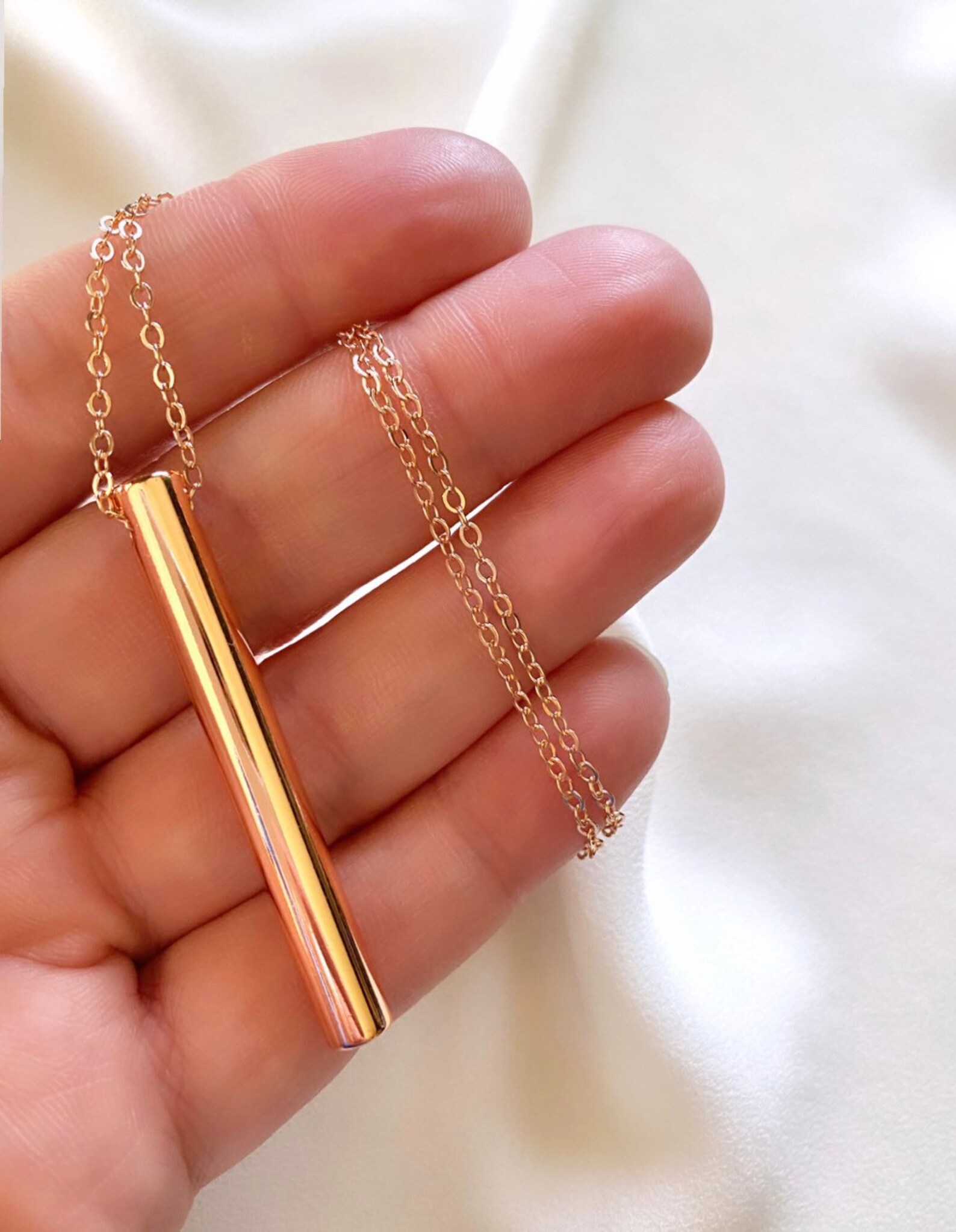 Rose Gold Bar Necklace Vertical Cylinder Bar Pendant Necklace Etsy