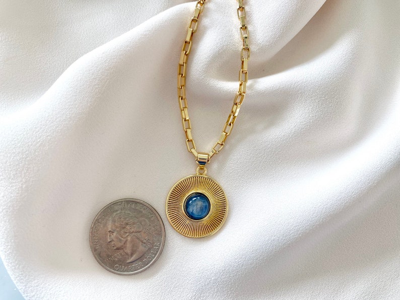 Vintage Style Medallion Necklace Blue Crystal Pendant Necklace Gold Filled Thick Link Paperclip Chain 70s inspired Jewelry Blue Gemstone image 3