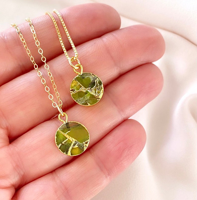 Peridot Necklace Green Peridot Coin Pendant Necklace Green Crystal Medallion Girlfriend Gift August Birthstone Gold Filled Box Chain Gift image 4