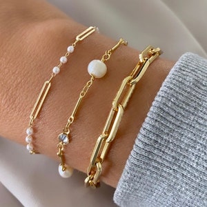 Gold Filled Paperclip Bracelet Pearl and Crystal Link Bracelet Gold Fill Bar Chain Dainty Stacking Bracelets Minimalist Jewelry Gift Idea image 1