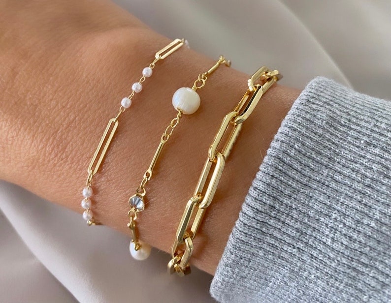 Gold Filled Paperclip Bracelet Pearl and Crystal Link Bracelet Gold Fill Bar Chain Dainty Stacking Bracelets Minimalist Jewelry Gift Idea image 1