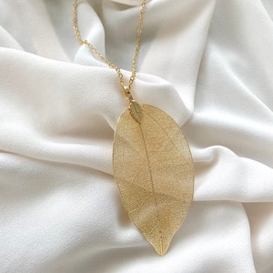 Gold Leaf Necklace Long 14k Gold Filled Necklace Long Layering Necklace Large Gold Leaf Pendant Necklace Minimalist Jewelry Boho Necklace image 2