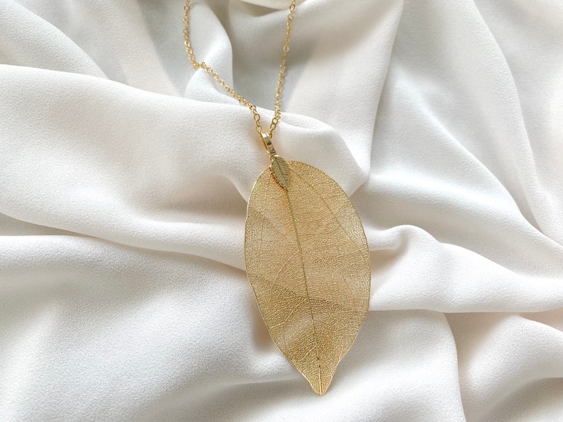 Gold Leaf Necklace Long 14k Gold Filled Necklace Long Layering Necklace Large Gold Leaf Pendant Necklace Minimalist Jewelry Boho Necklace image 2