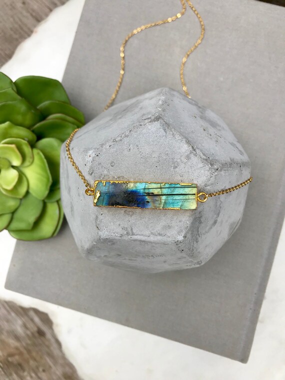 Labradorite Bar Necklace Chunky 14k Gold Image 0