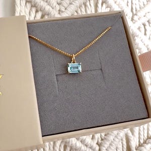 Aquamarine Necklace Gold Filled Chain March Birthstone Jewelry Dainty Aquamarine Square Pendant Rectangle Emerald Cut Blue Crystal Necklace