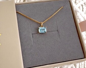 Aquamarine Necklace Gold Filled Chain March Birthstone Jewelry Dainty Aquamarine Square Pendant Rectangle Emerald Cut Blue Crystal Necklace