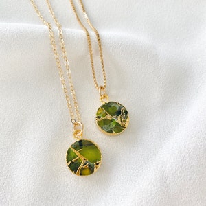 Peridot Necklace Green Peridot Coin Pendant Necklace Green Crystal Medallion Girlfriend Gift August Birthstone Gold Filled Box Chain Gift image 6
