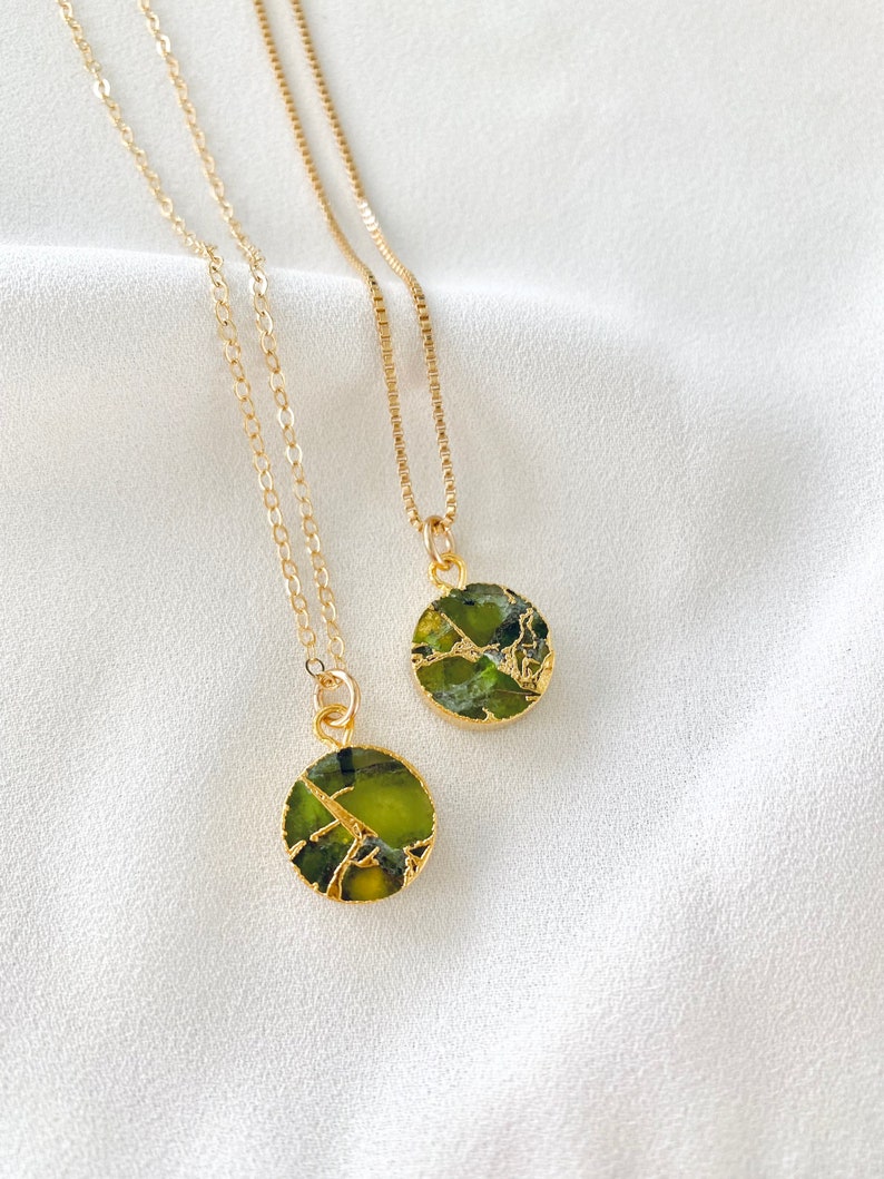 Peridot Necklace Green Peridot Coin Pendant Necklace Green Crystal Medallion Girlfriend Gift August Birthstone Gold Filled Box Chain Gift image 6