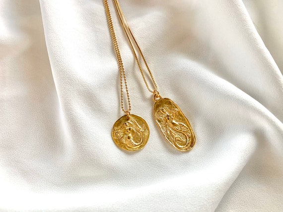Dainty Mermaid Necklace Gold Mermaid Pendant Necklace Gold Filled Box Chain Mermaid Medallion Goddess Necklace Beachy Jewelry Layering Chain